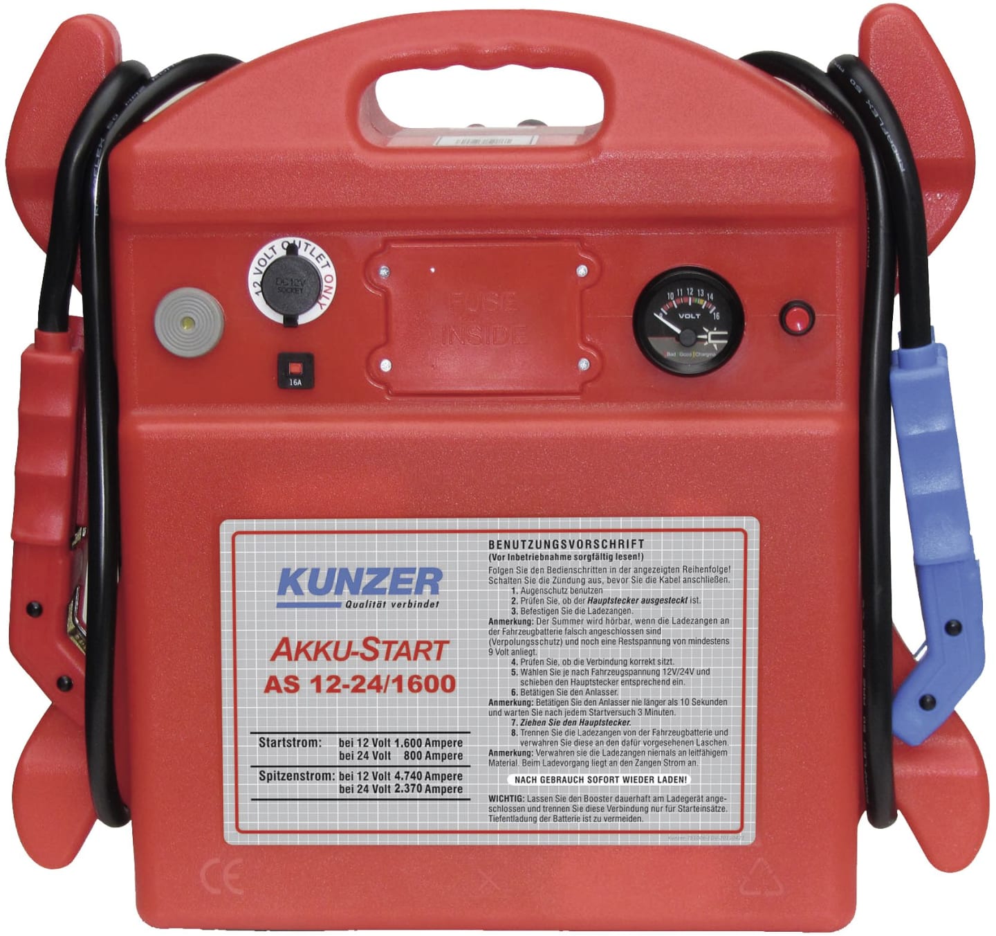 KUNZER Starthilfe "Akku-Start" 12 V 1.600 A; 24 V 800 A, AS 12-24/1600