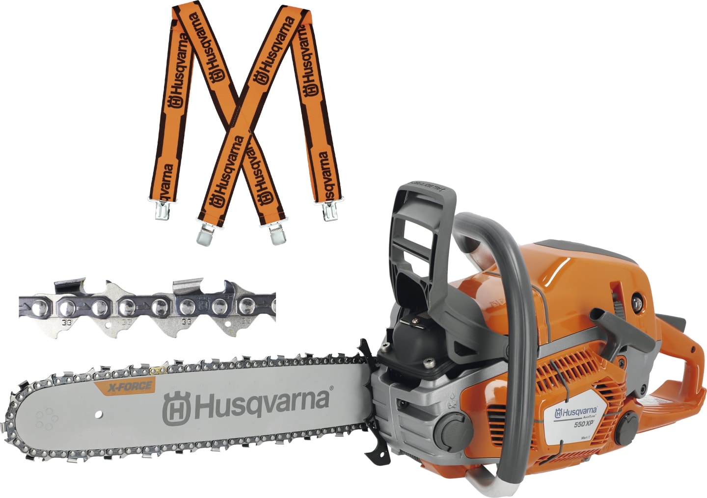Husqvarna® Benzin-Kettensäge "550 XP® Mark II" 3,0 kW (4,1 PS) Schienenlänge 45 cm, ohne Griffheizung, mit 2 Ketten, Hosenträgern, 9676908-38