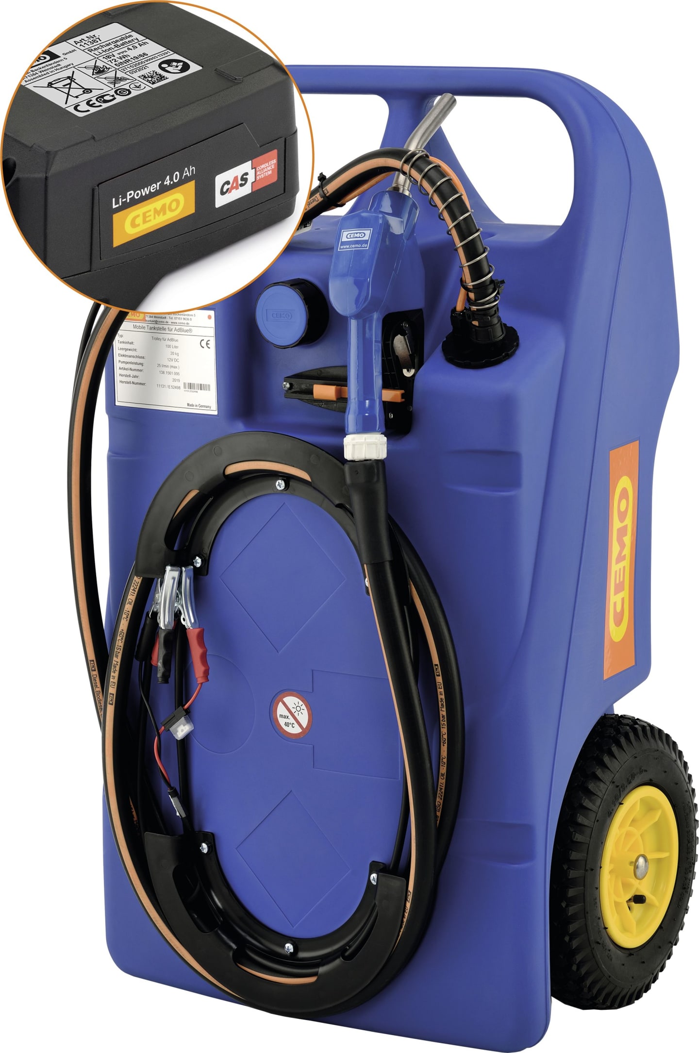 Cemo Akku-Trolley für AdBlue®, mit 18 V-Elektropumpe "Centri SP30", CAS-Akkusystem
