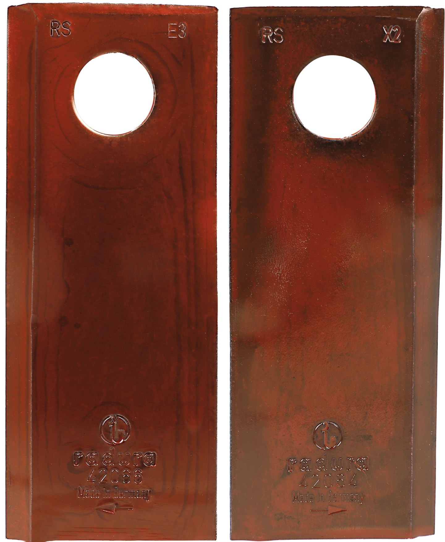 radura® Kreiselmäherklinge 120 x 48 x 4 mm, links/rechts, gedreht, für Mähwerk Fella, Pöttinger, Vicon