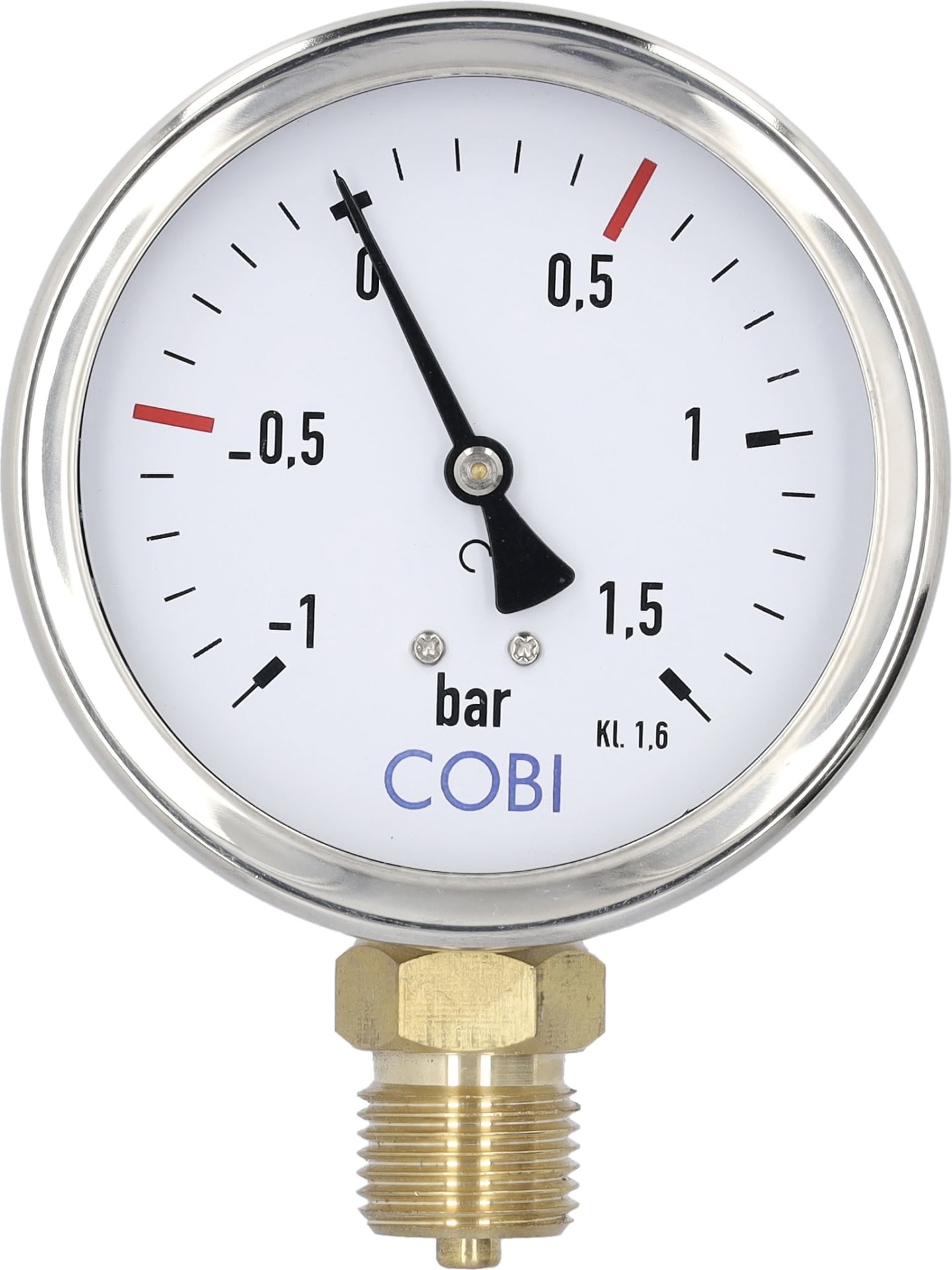 Hücobi Vakuum-Manometer, Anschluss 1/2" unten, -1 bis 1,5 bar, Rote Markierung -0,5 bar; +0,5 bar, 8114 013005