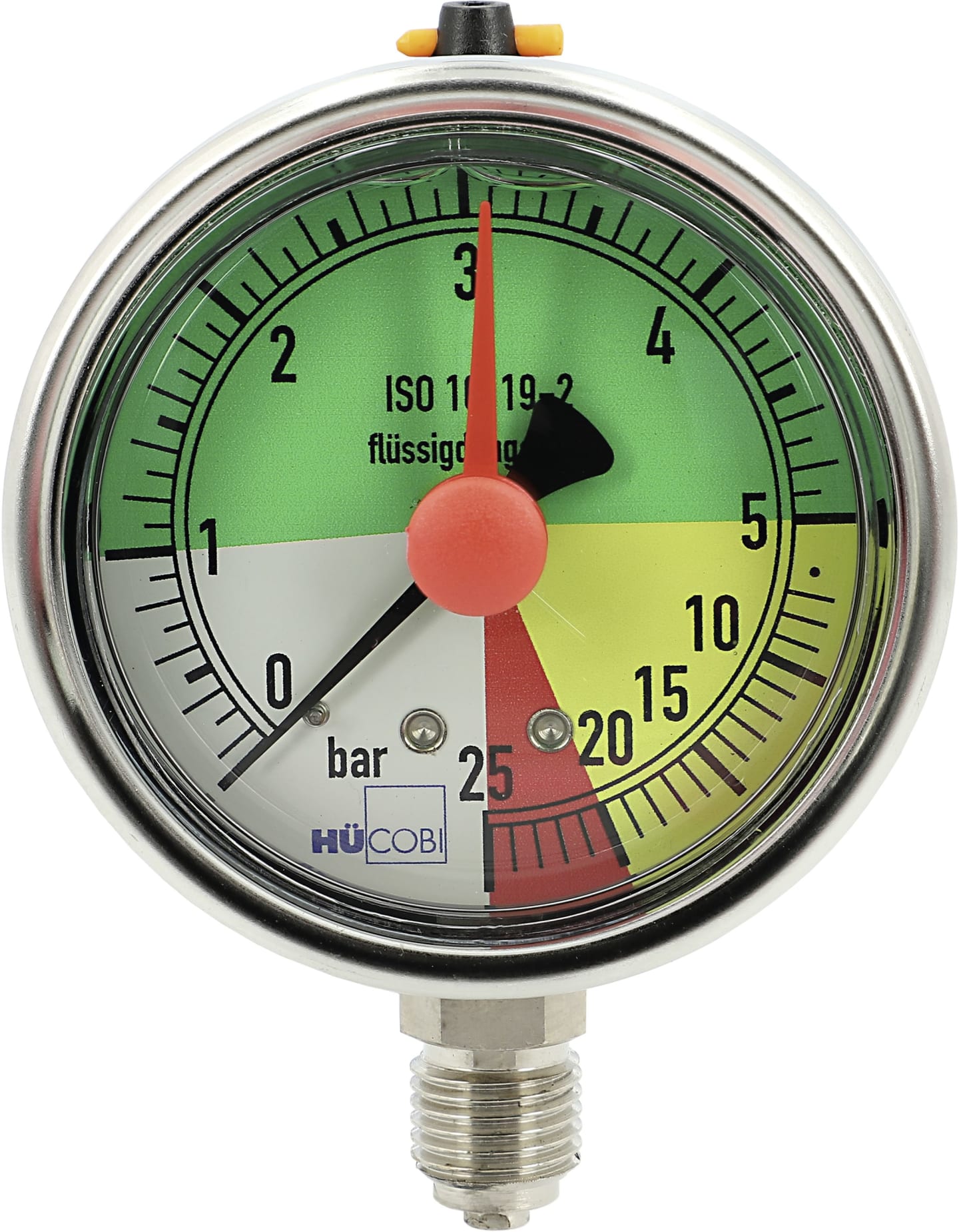 Hücobi Glyzerin-Manometer, Anschluss 1/4" unten, 0 bis 25 bar, flüssigdüngerfest, 8122 006025