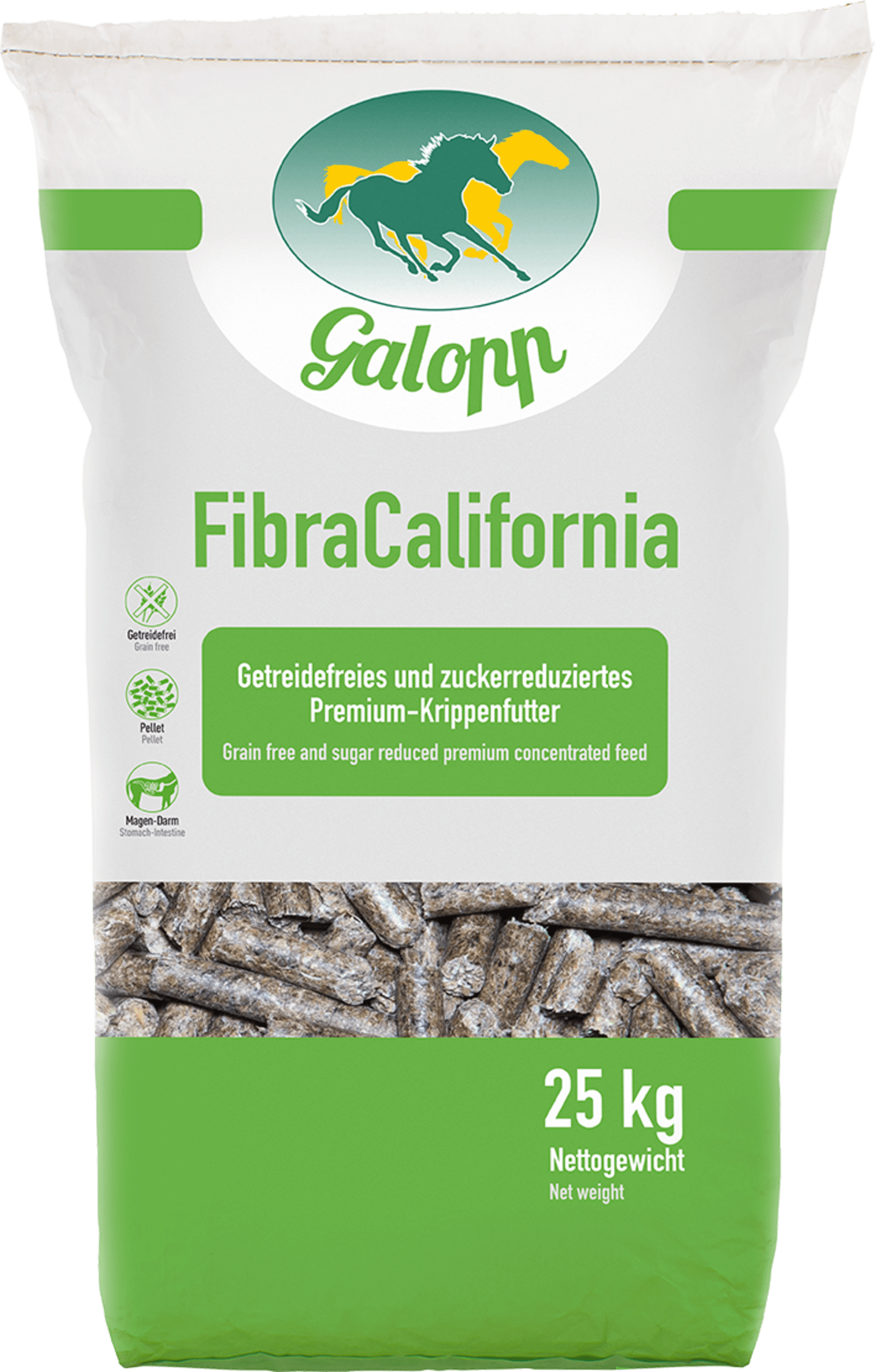 Galopp FibraCalifornia stärke- und zuckerreduziertes Pelletfutter für sensible Pferde 25 kg Sack