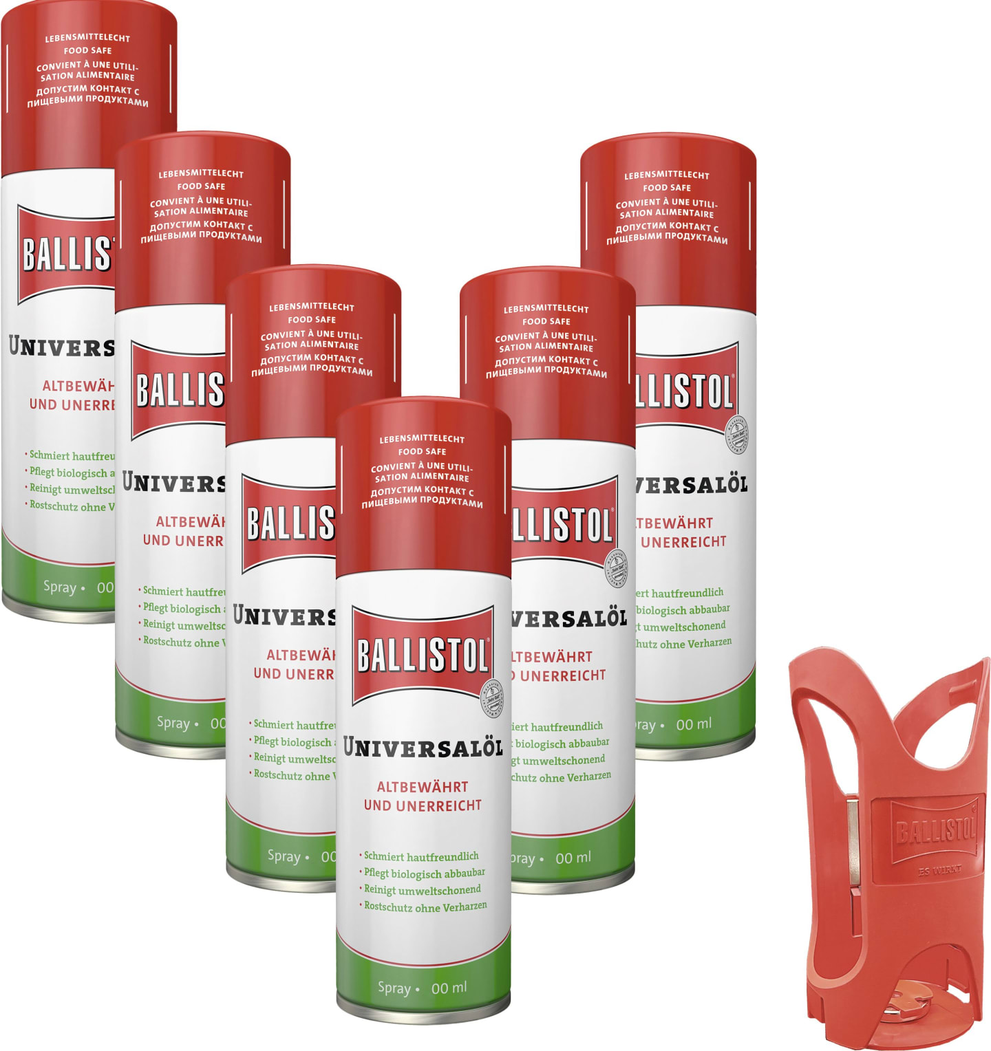 Ballistol® Universalöl Set mit 6 Spraydosen 400 ml und gratis Dosenhalter, 29845, 29150