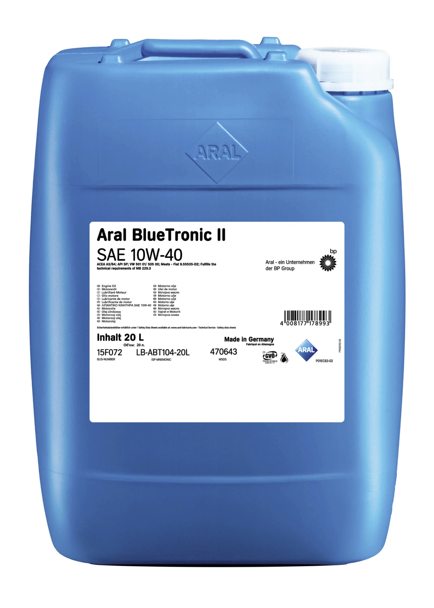 Aral Blue Tronic II 10W-40 20 Liter Kanister SAE 10W-40 Motorenöl mit Aral Synthese-Technologie