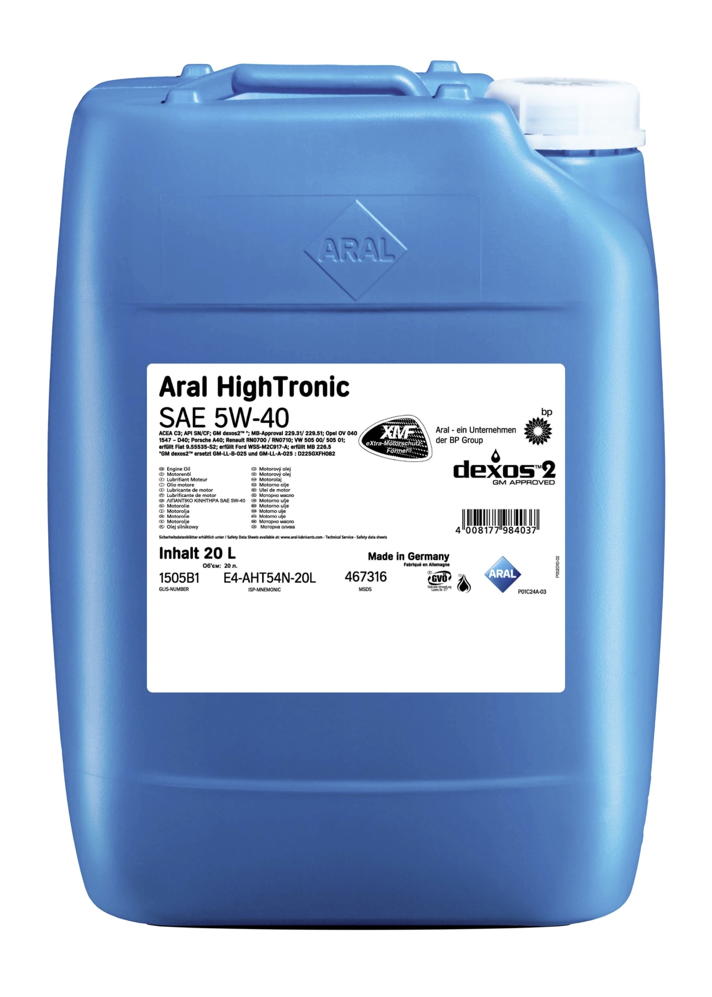 Aral HighTronic 5W-40 20 Liter Kanister SAE 5W-40 Motoröl, Leichtlauföl, High Performer, PKW, SAE 5W-40