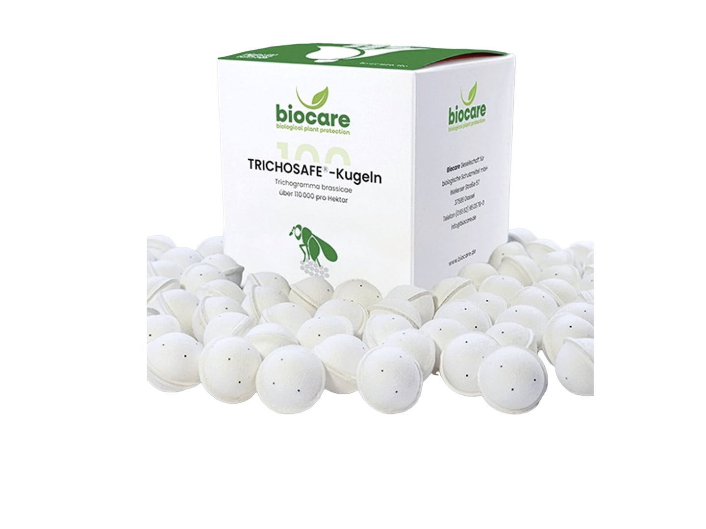 Trichosafe® einfache Anwendung 1x100 Kugeln/ha220.000 T/haKugeln (für nur eine Befliegung geeignet)starke Aufladung mit Trichogrammengeeignet für 1-fache Befliegung