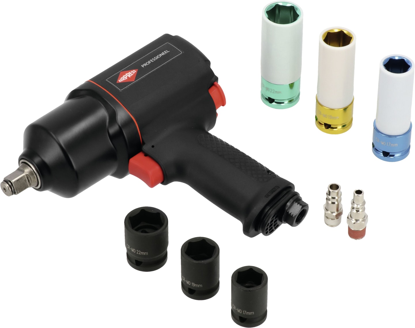 Airpress Schlagschrauber Druckluft, Set im Koffer, Schlagnüsse, Stecknippel, 1/2 ", 1.800 Nm, 45537