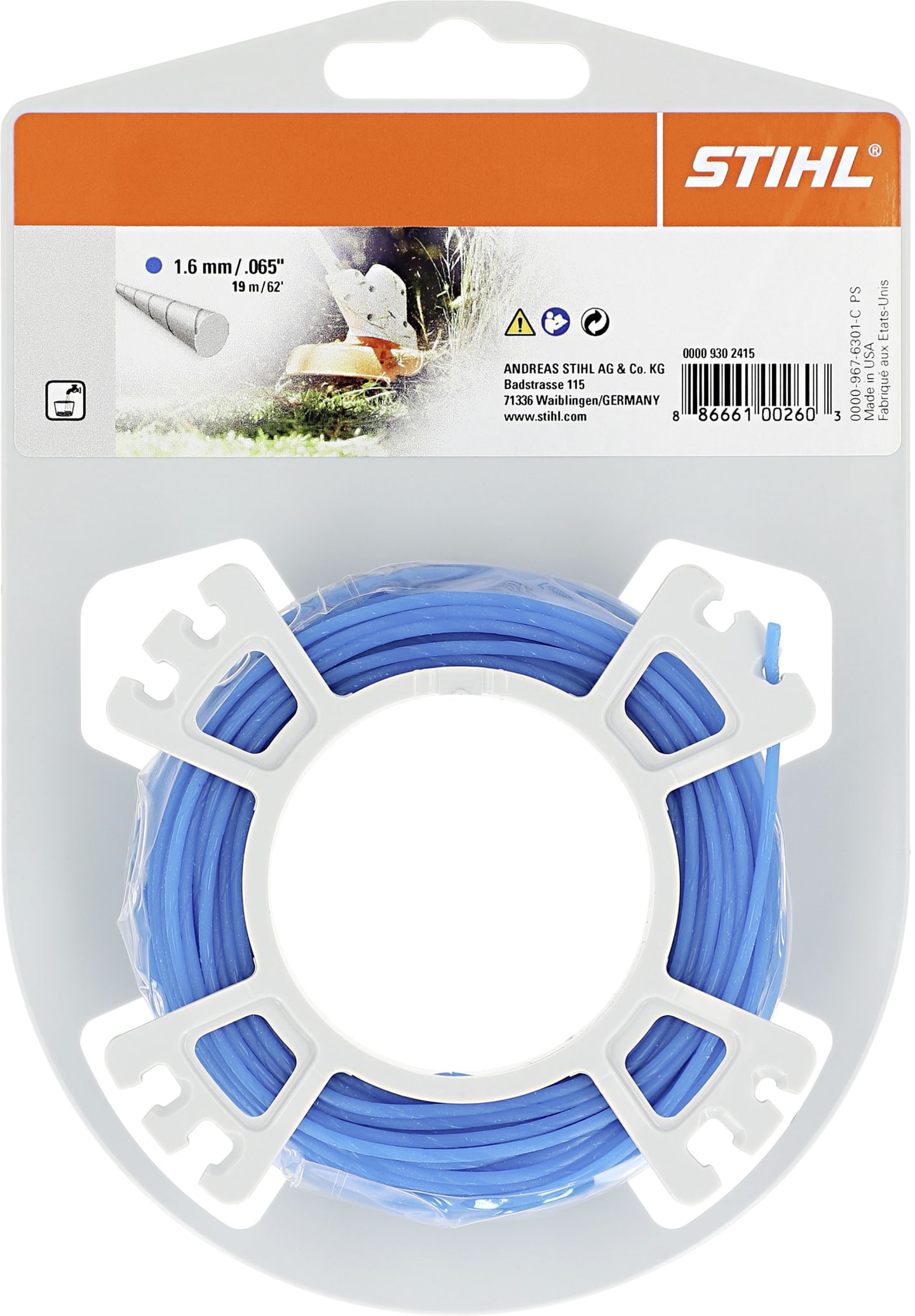 STIHL Mähfaden rund + leise 1,6 mm/19 m, blau, 0000 930 2415
