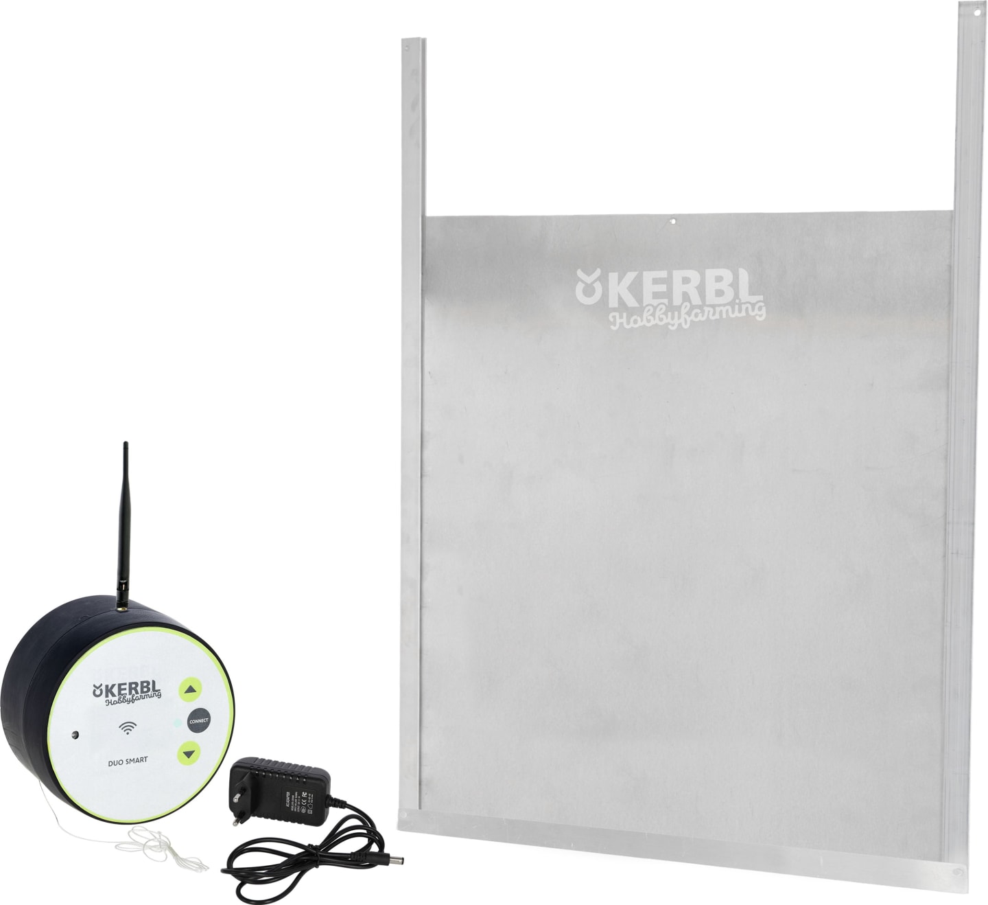 KERBL Hühnerklappe "Duo Smart" 430 x 400 mm Set mit WLAN-Steuerung und Schienen für Geflügelställe, 70524