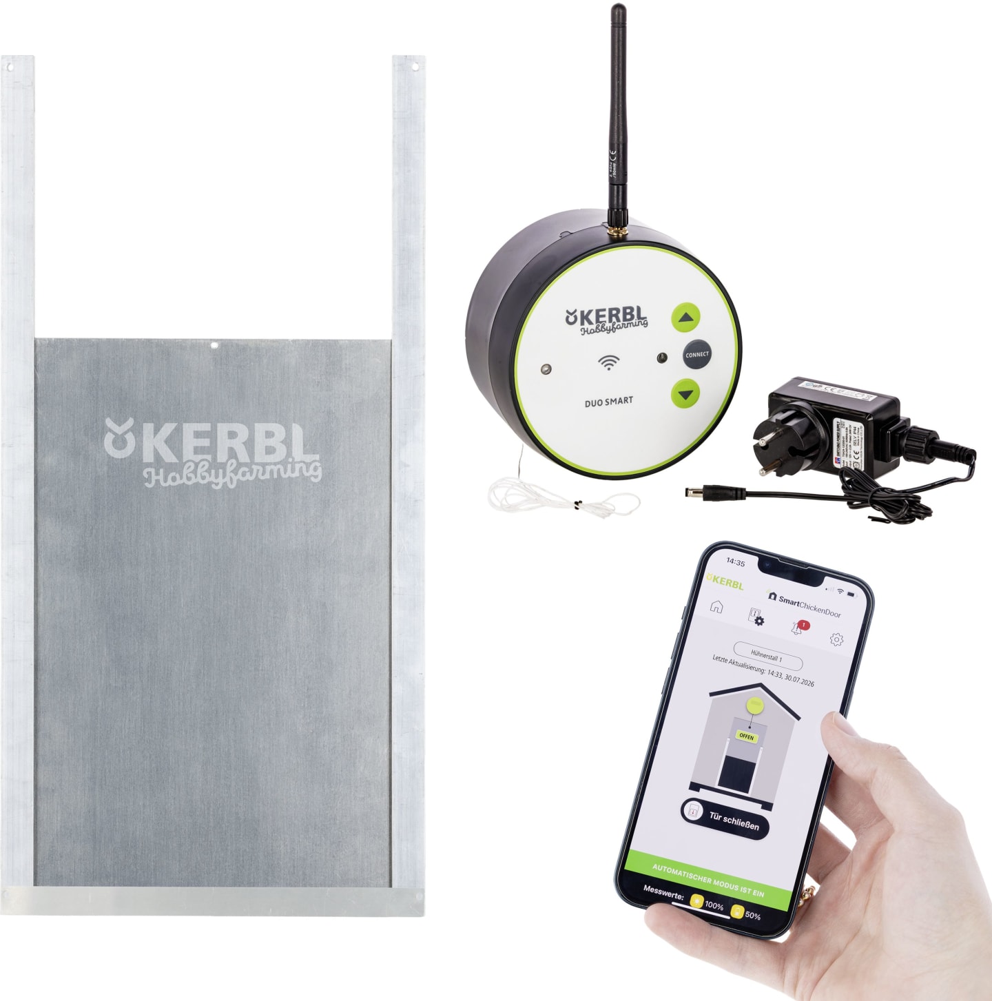 KERBL Hühnerklappe "Duo Smart" 220 x 330 mm Set mit WLAN-Steuerung und Schienen für Geflügelställe, 70522