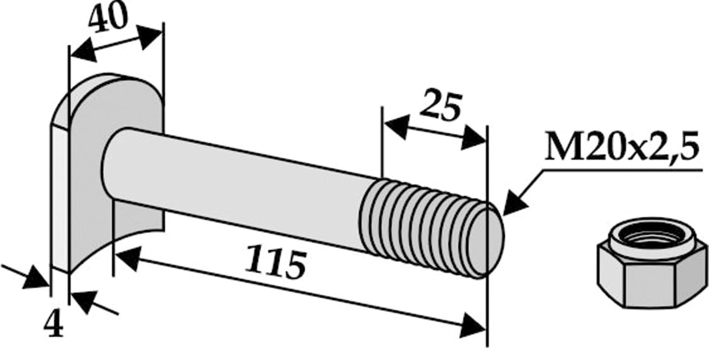 Industriehof® Messerschraube M 20 x 2,5 x 115 - 8.8 für Mulcher Humus, 63-HUM-92