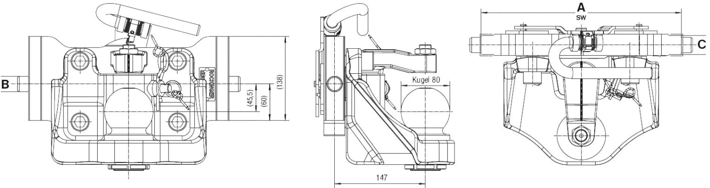 Rockinger Kugeleinsatz "ROE*74 L" 310/22/30 mm, Kugel 80 mm, für Traktor Anhängebock Sauermann Schloss, ROE74L045
