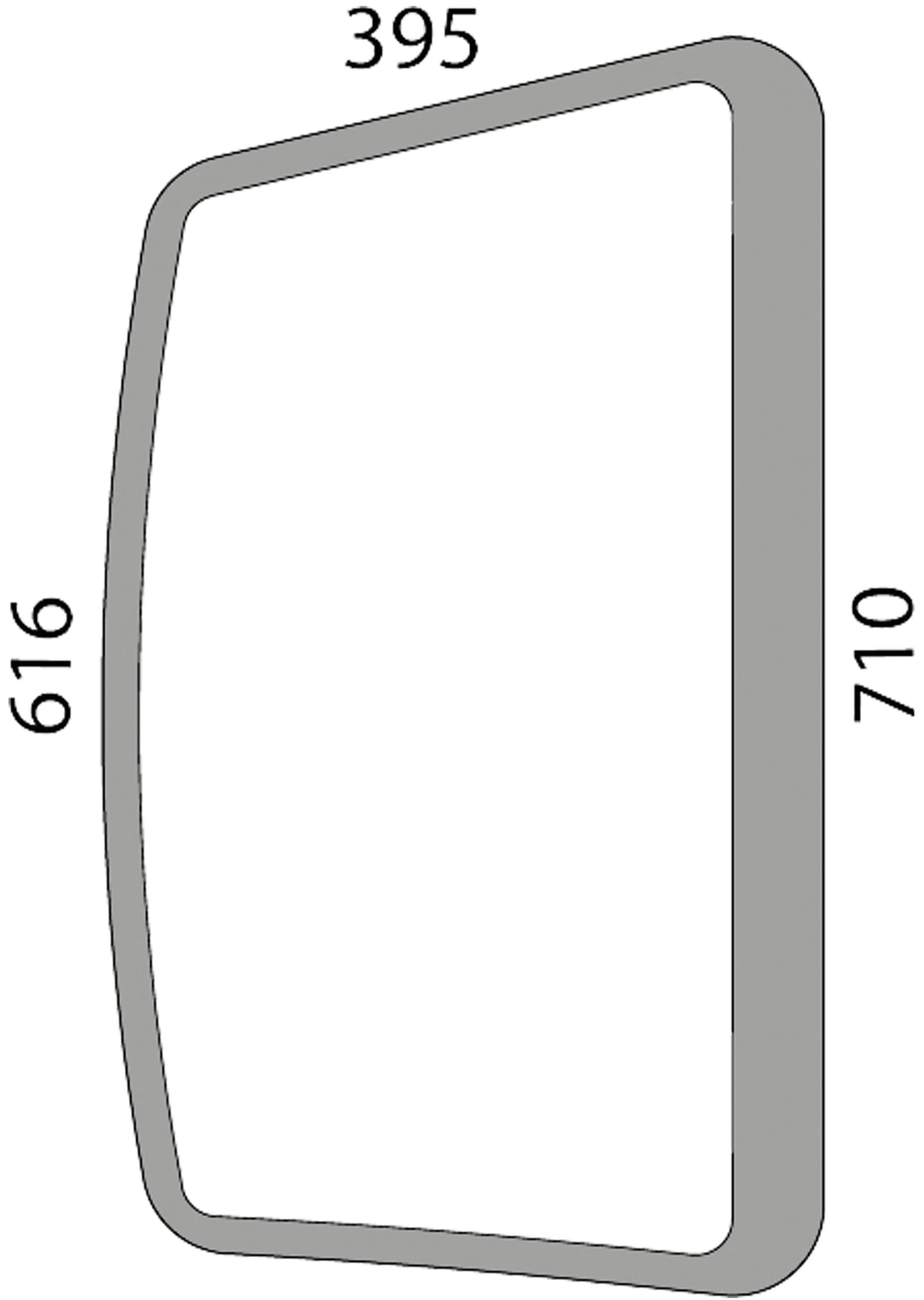Seitenscheibe 616; 710 x 6 mm rechts, grün, Siebdruck, geklebt, für Traktor Deutz-Fahr, Same, Lamborghini, Hürlimann