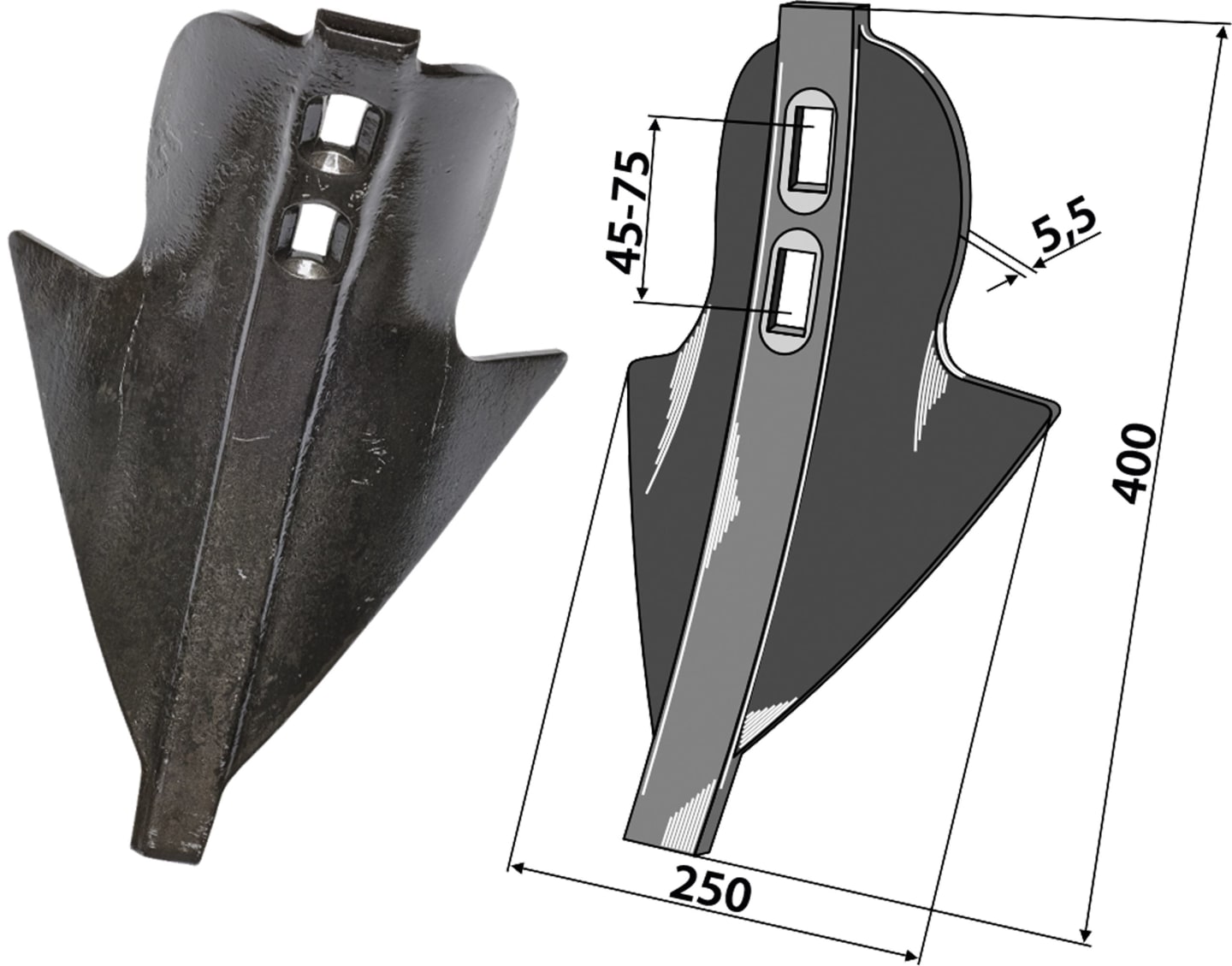 Industriehof® Stoppelschar "Donax" 250 x 45 – 75 mm für G-Blattfederzinken, Rabe, Schönberger, 101.250-45-80