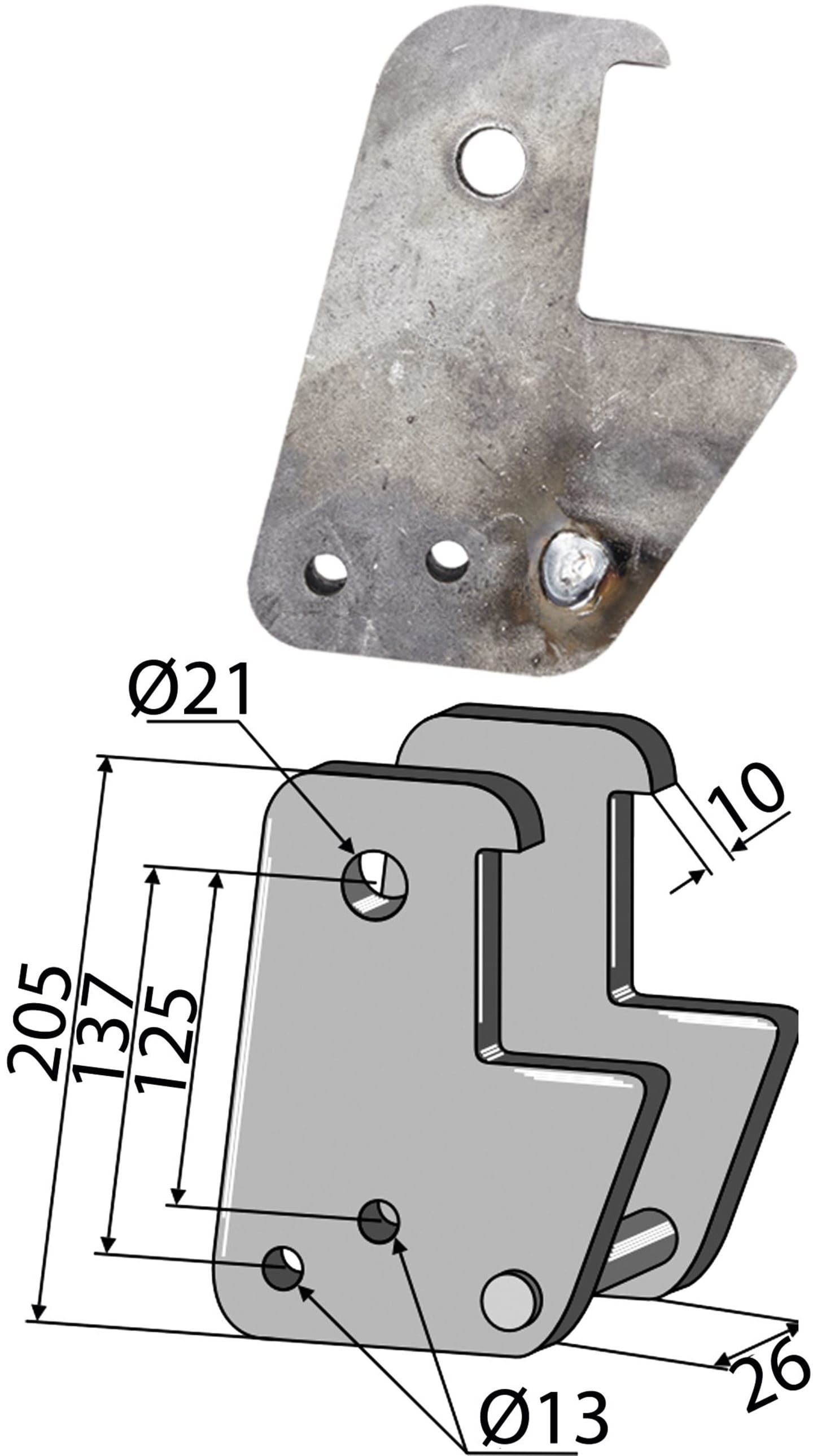 Industriehof® Halter 205 x 26 x 10 mm Bohrung 13 mm; 21 mm für alle Grubberstiele 60 x 25 mit 21-mm-Bohrung, Passender Rahmen 80 x 80 mm, 101.6072LL-80
