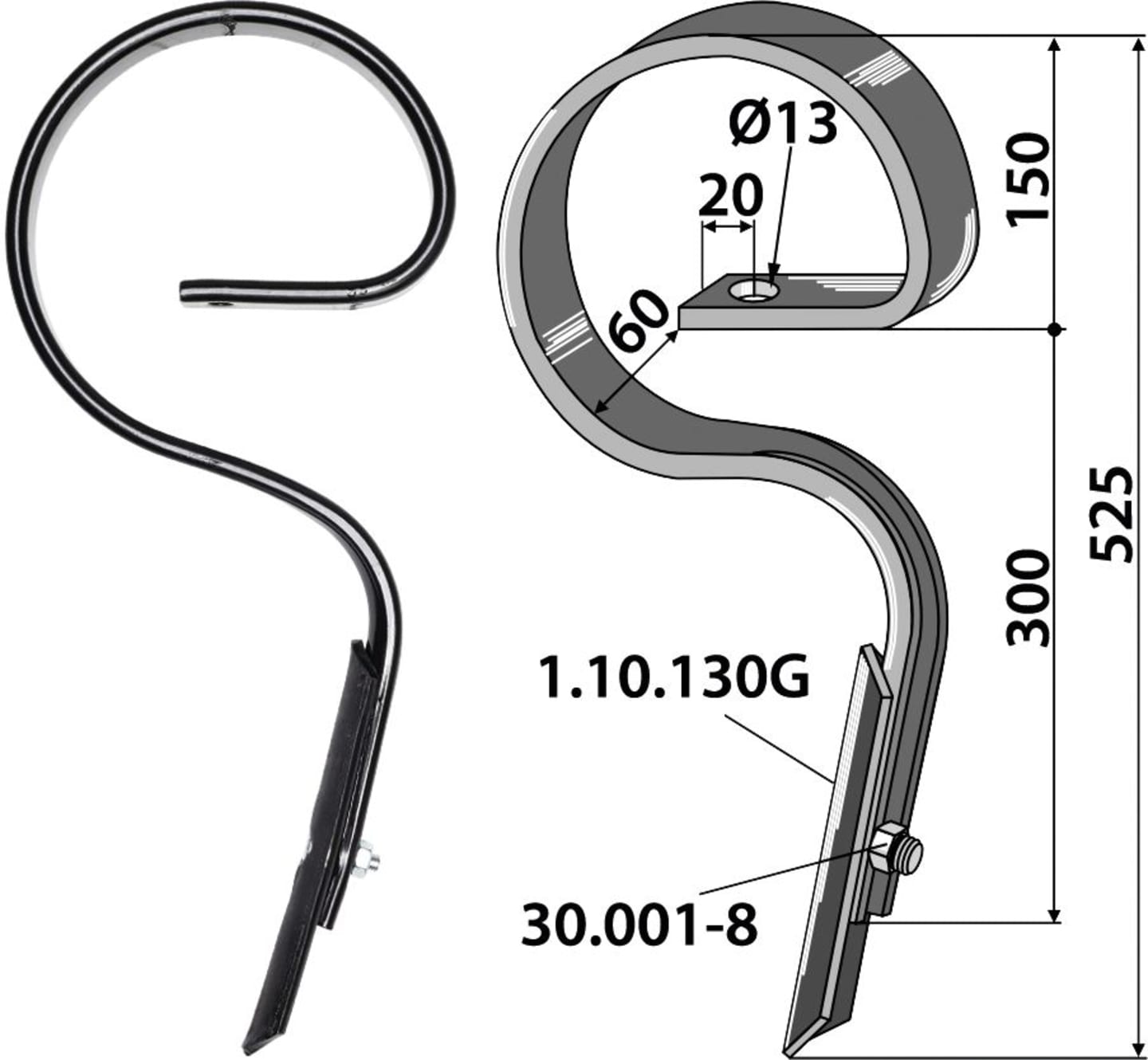 Industriehof® Kultureggenzinken gerade 525 x 12 mm für Amazone/BBG, Lemken, 1.0562