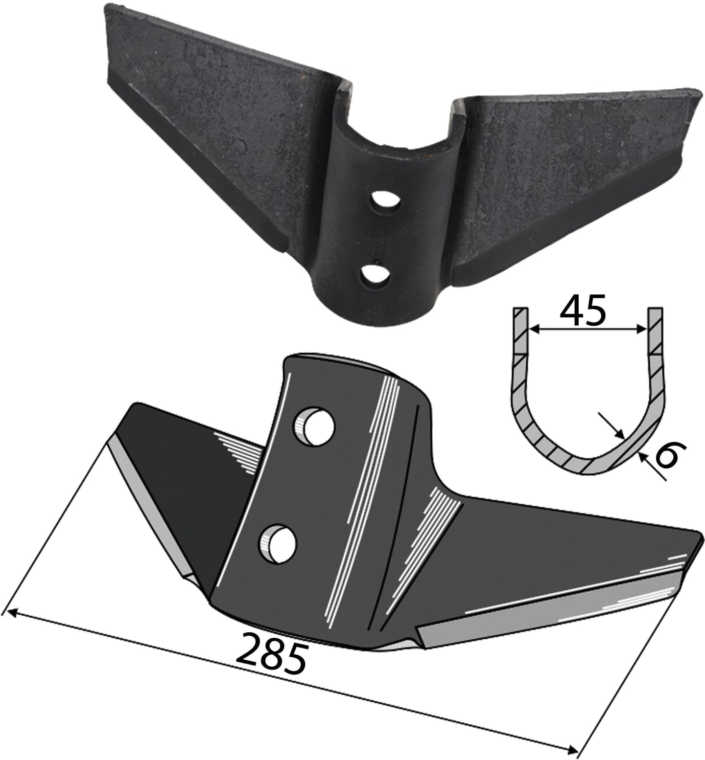 Industriehof® Flügelschar 285 mm x 45 mm für Doublet Record, HE-VA: System David I, II, III; Kongskilde: Vibroflex, VFM, 101.KON-03