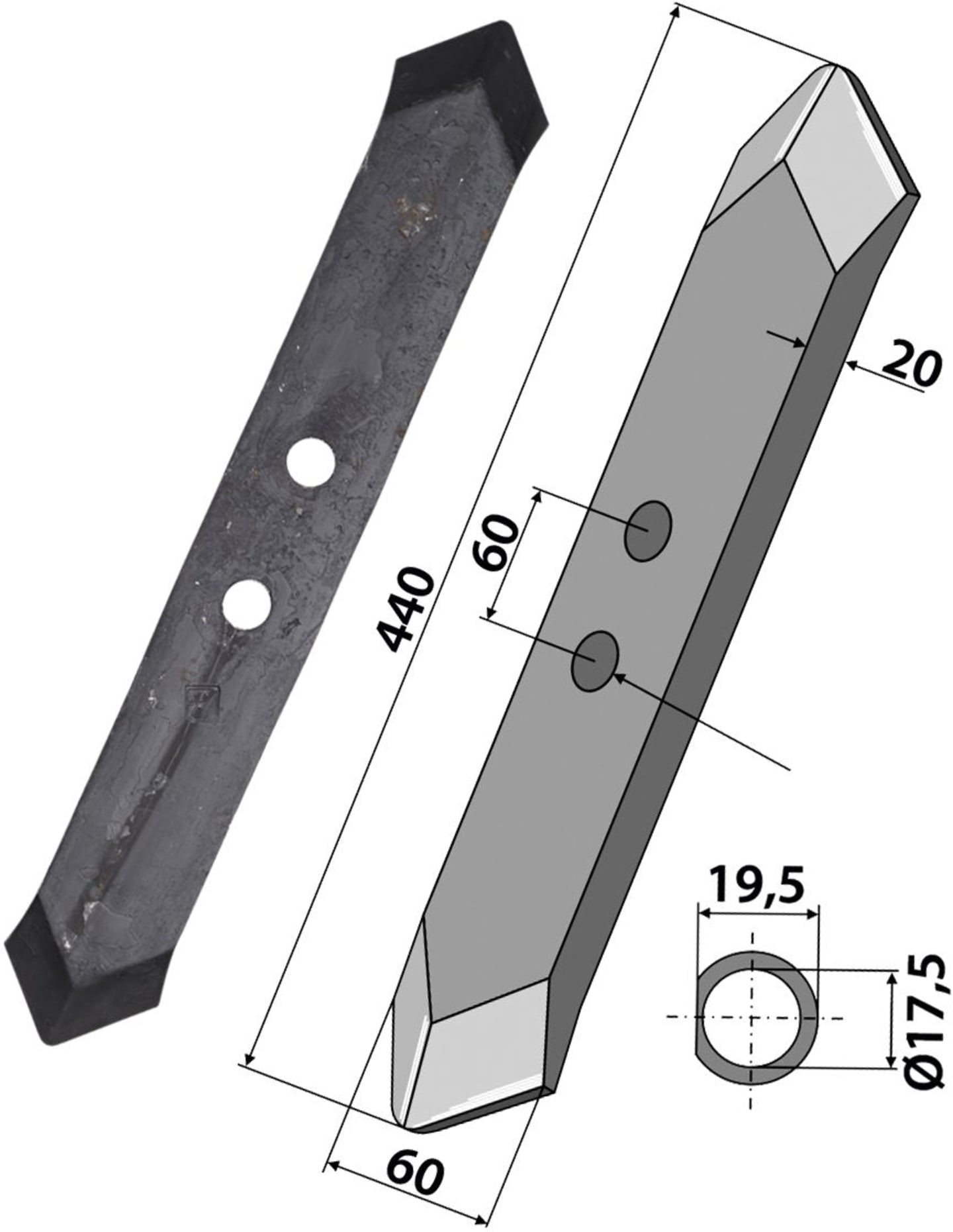 Industriehof® Spitzschar gerade 440 x 60 mm für Schwergrubberstiele, Kverneland, 101.IND-791