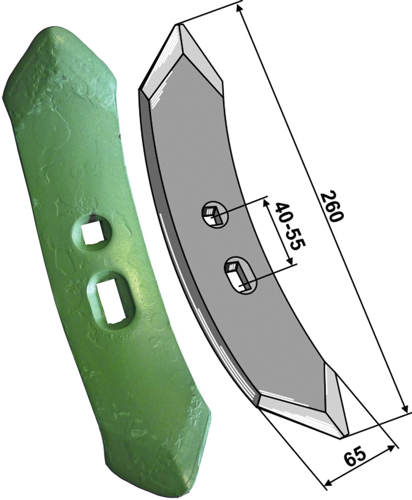 Industriehof® Spitzschar "MF 2 1/2" 260 x 65 x 8 mm für Blattfederzinken und Schwergrubberstiele Doublet Record, HE-VA, Kongskilde, Kverneland, 101.40.060-8