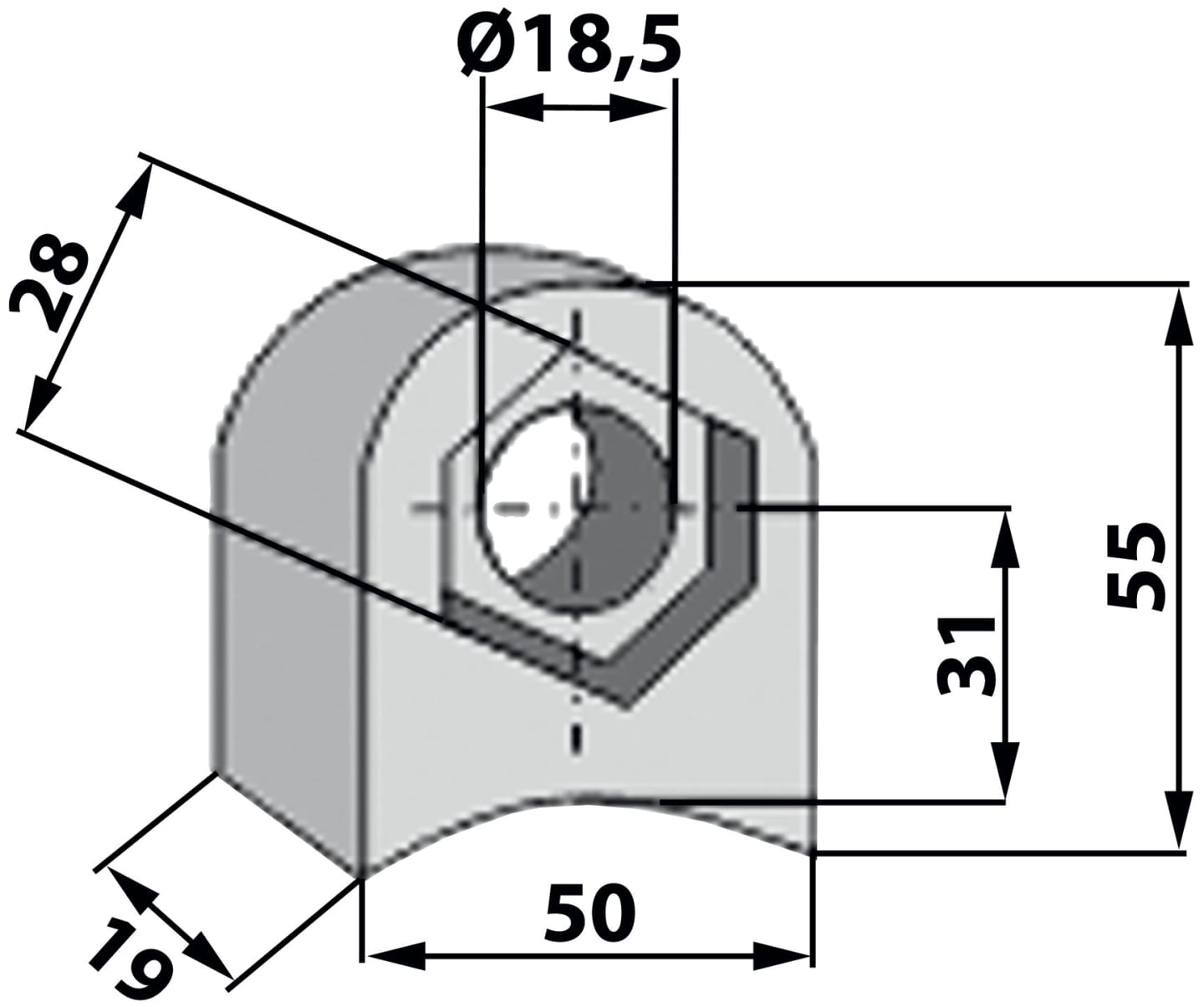 Industriehof® Halter 55 x 50 x 19 mm, Bohrung 18,5 mm für Rotoram Schlegelhäcksler, 63-RM-902