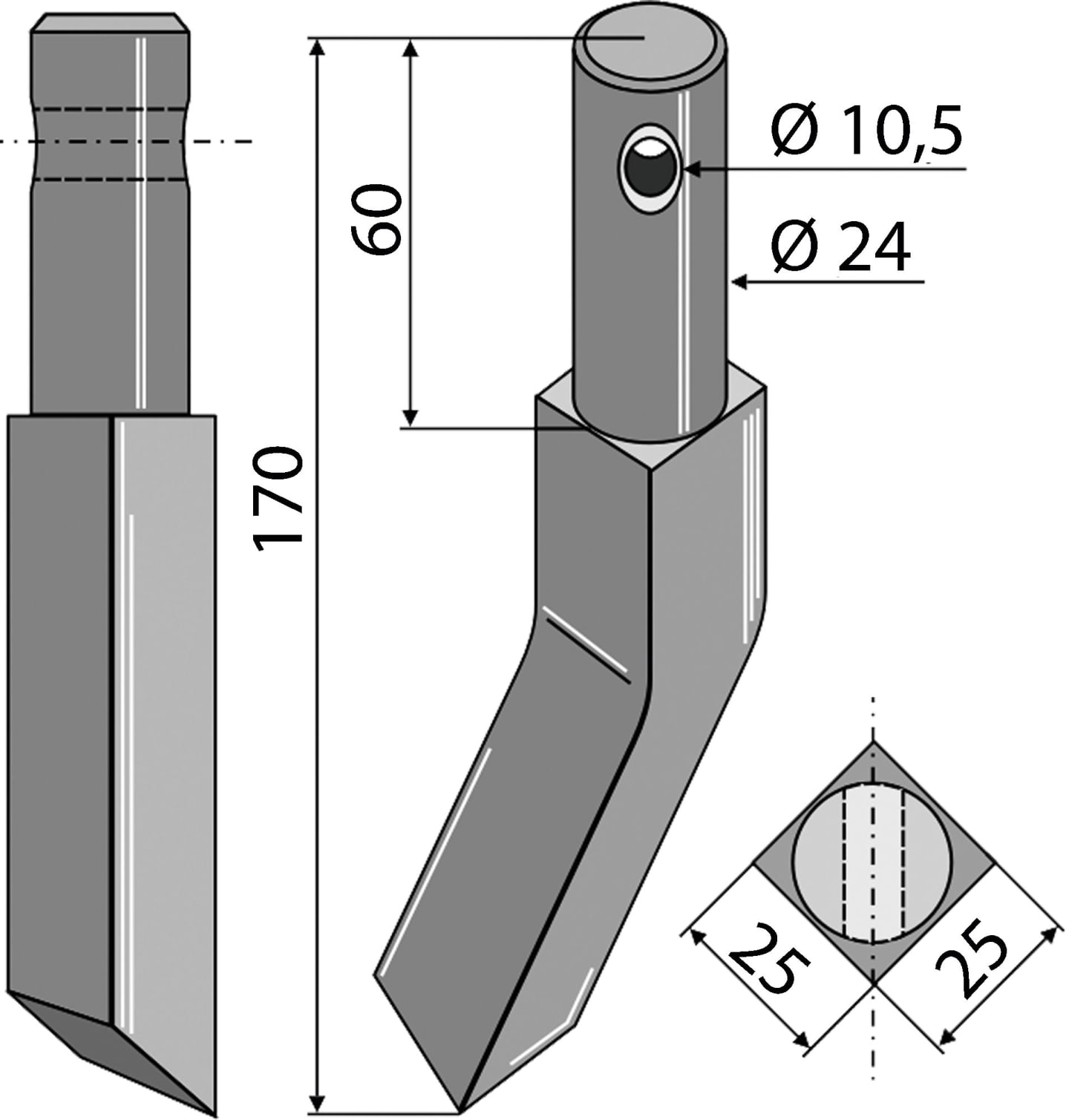 Industriehof® Rotorzinken links/rechts 170 x 25 x 25 mm, Bohrung 10,5 mm für Falc, Rau
