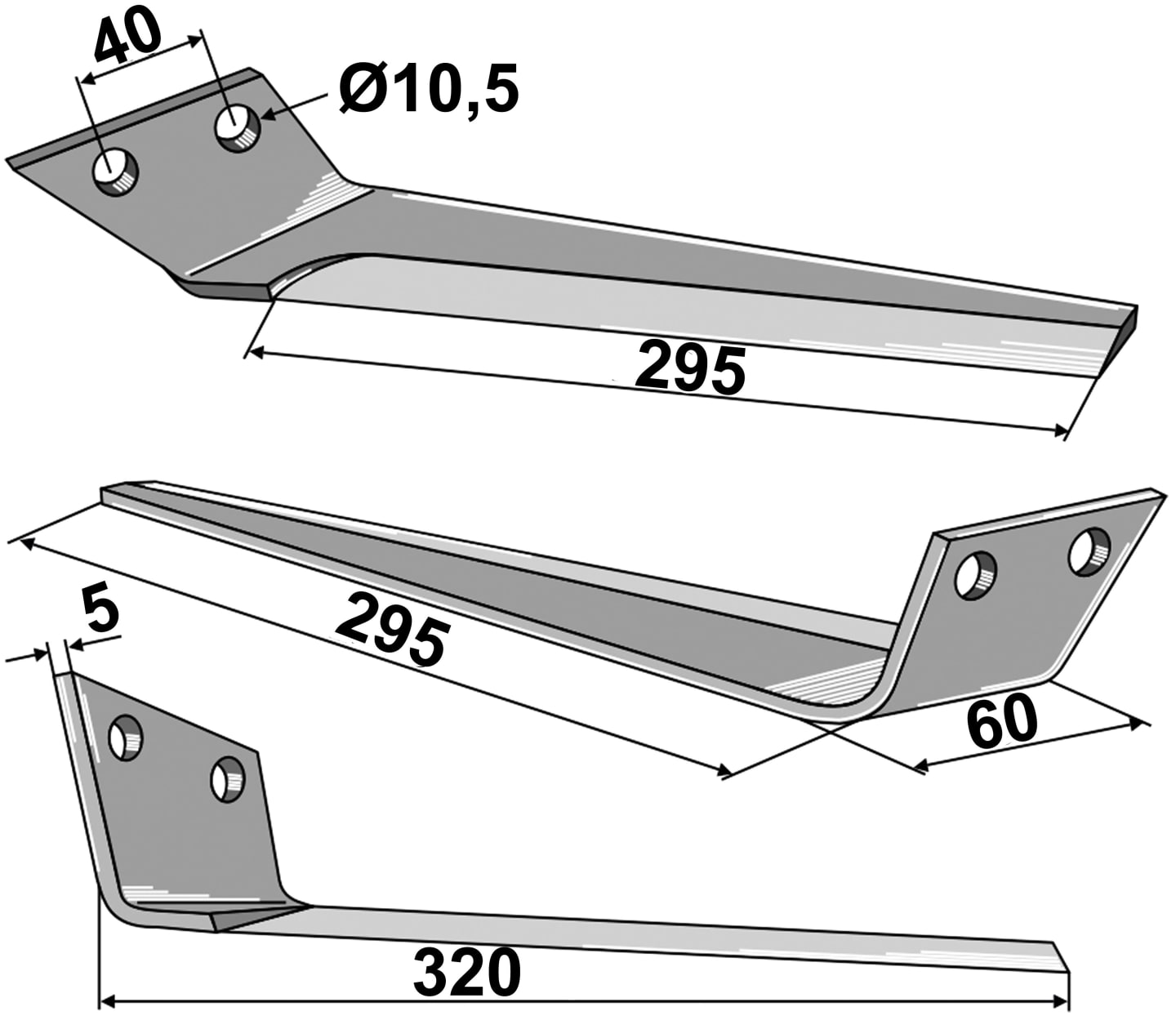 Industriehof® Köpfermesser rechts 320 x 60 x 5 mm, Abstand Bohrungen 40 mm für Kleine, 34-KLE-99L