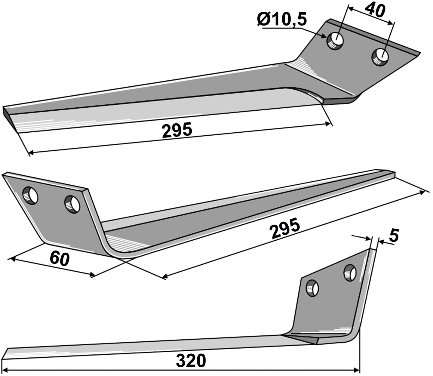 Industriehof® Köpfermesser links 320 x 60 x 5 mm, Abstand Bohrungen 40 mm für Kleine, 34-KLE-99R