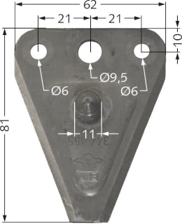 Technische Zeichnung: ESM Messerklinge 81 x 62 x 2,65 mm, glatt, mit Pilz, für Doppelmesser-Mähbalken Busatis, ESM