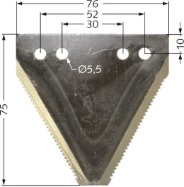 Technische Zeichnung: ESM Messerklinge 75 x 76 x 2 mm, gezahnt, für Fingerbalken Busatis