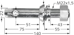 Technische Zeichnung: Unterlenkerbolzen Kat. 1, Ø 22 mm, 22 mm, M 22 x 1,5 AG, Länge 140 mm