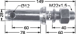 Technische Zeichnung: Unterlenkerbolzen Kat. 2, Ø 28 mm, 22 mm, M 22 x 1,5 AG, Länge 149 mm