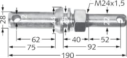 Technische Zeichnung: Unterlenkerbolzen Kat. 1, Kat. 2, Ø 22 mm, 25 mm, 28 mm, M 24 x 1,5 AG, Länge 190 mm