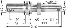Technische Zeichnung: Unterlenkerbolzen Kat. 2, Kat. 3, Ø 28 mm, 30 mm, 36,5 mm, M 30 x 2 AG, Länge 210 mm