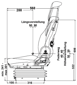 Technische Zeichnung: Grammer Traktorsitz Compacto® Comfort W, luftgefedert, Stoff, anthrazit/grün/silber