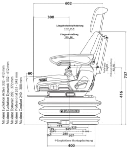 Technische Zeichnung: Grammer Traktorsitz Maximo® Basic, mechanisch gefedert, Stoff, anthrazit/grün/silber