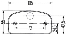 Technische Zeichnung: Hella® Kennzeichenleuchte hinten links/rechts, C5W, schwarz, oval, 105 x 55 x 63 mm, Sockel SV 8,5-8
