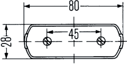 Technische Zeichnung: Hella® Kennzeichenleuchte, oval, mit Maßangaben 80 x 28 mm und Befestigungspunkten
