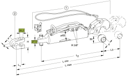Technische Zeichnung: Walterscheid Hydraulischer Oberlenker HOLHS-C mit Fanghaken und Gabelgelenk ohne Kopf