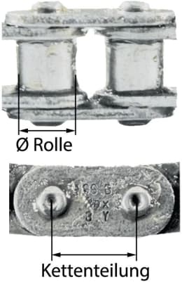 Technische Zeichnung: Rollenkette mit Maßangaben für Rollendurchmesser und Kettenteilung
