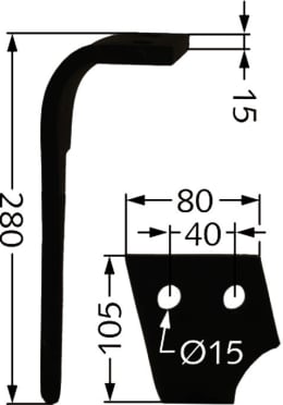 Technische Zeichnung: Kreiseleggenzinken KG-26 80 x 280 x 15 mm, Bohrung 15 mm, versiegelt, für Kreiselegge Rabe
