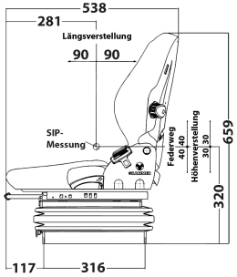 Technische Zeichnung: Grammer Traktorsitz Compacto® Basic M, mechanisch gefedert, Stoff, anthrazit/grün/silber
