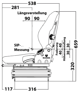 Technische Zeichnung: Grammer Traktorsitz Compacto® Comfort M, luftgefedert, Stoff, anthrazit/grün/silber