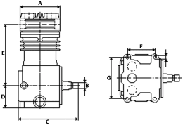 Technische Zeichnung: Wabco Kompressor HDR 2, 1-Zylinder, verschlossen, Kühlung Wasser 4 l/min - Öl 6 l/min