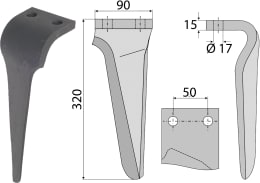 Technische Zeichnung: Kreiseleggenzinken links/rechts 90 x 320 x 15 mm mit Maßangaben und Bohrungen