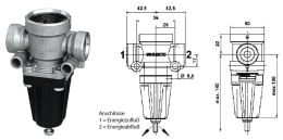 Technische Zeichnung: Wabco Druckbegrenzungsventil Ausgesteuerter Druck 5,7 + 0,3 bar Einstellbereich (kalk) 1,2 – 6,2 bar