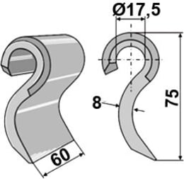 Technische Zeichnung: Industriehof® Schlegelmesser 75 x 60 x 8 mm, für Mulcher Mulag