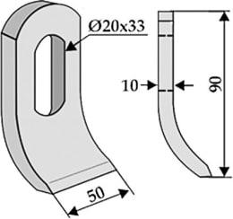 Technische Zeichnung: Industriehof® Schlegelmesser 90 x 50 x 10 mm, für Mulcher Dücker