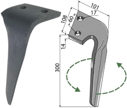 Technische Zeichnung: Kreiseleggenzinken links/rechts 108 x 300 x 14 mm für Alpego Kreiselegge mit Maßangaben