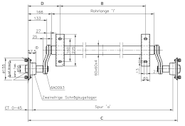 Technische Zeichnung: TRAILER POOL Gummifeder-Laufachse Achslast 750 kg